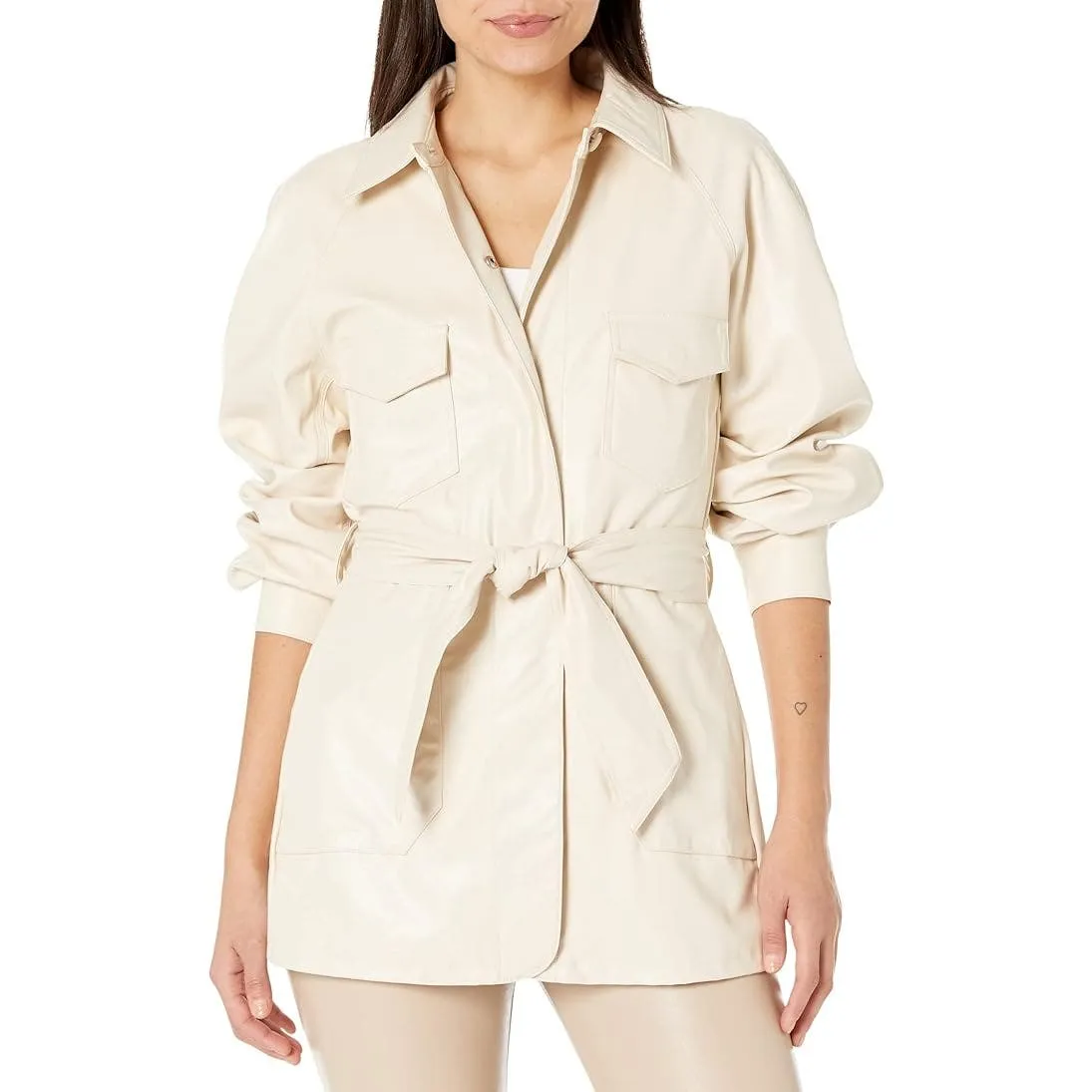 7 For All Mankind Faux Leather Cinch Balloon Jacket In Antique White, Size Small