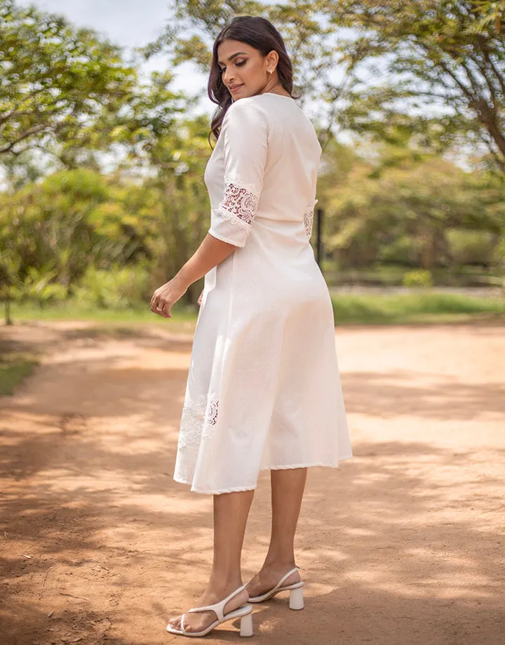 Linen Midi Dress with Lace Inserts