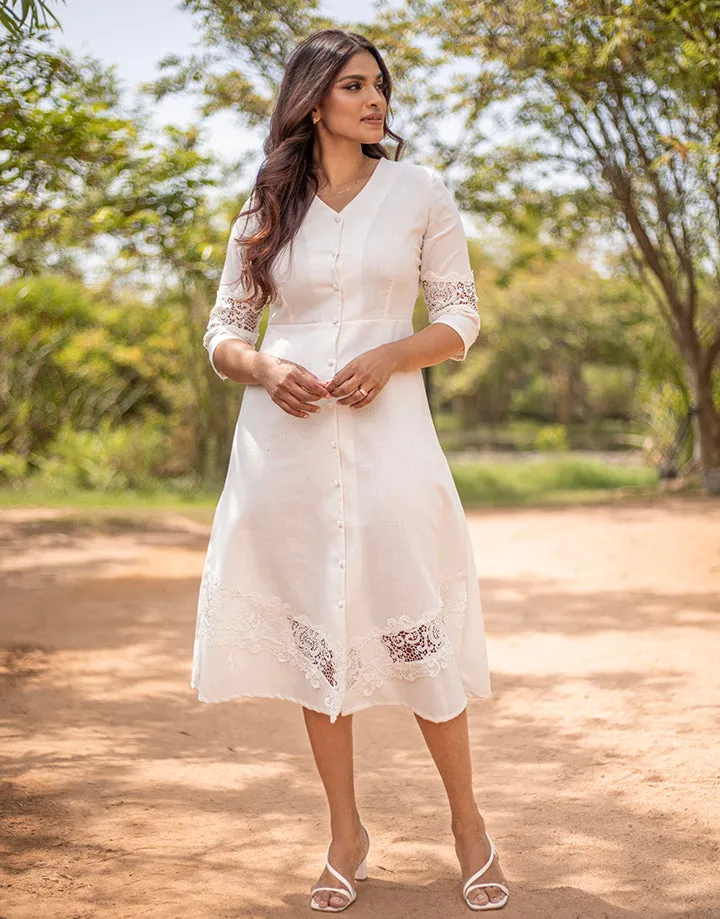 Linen Midi Dress with Lace Inserts